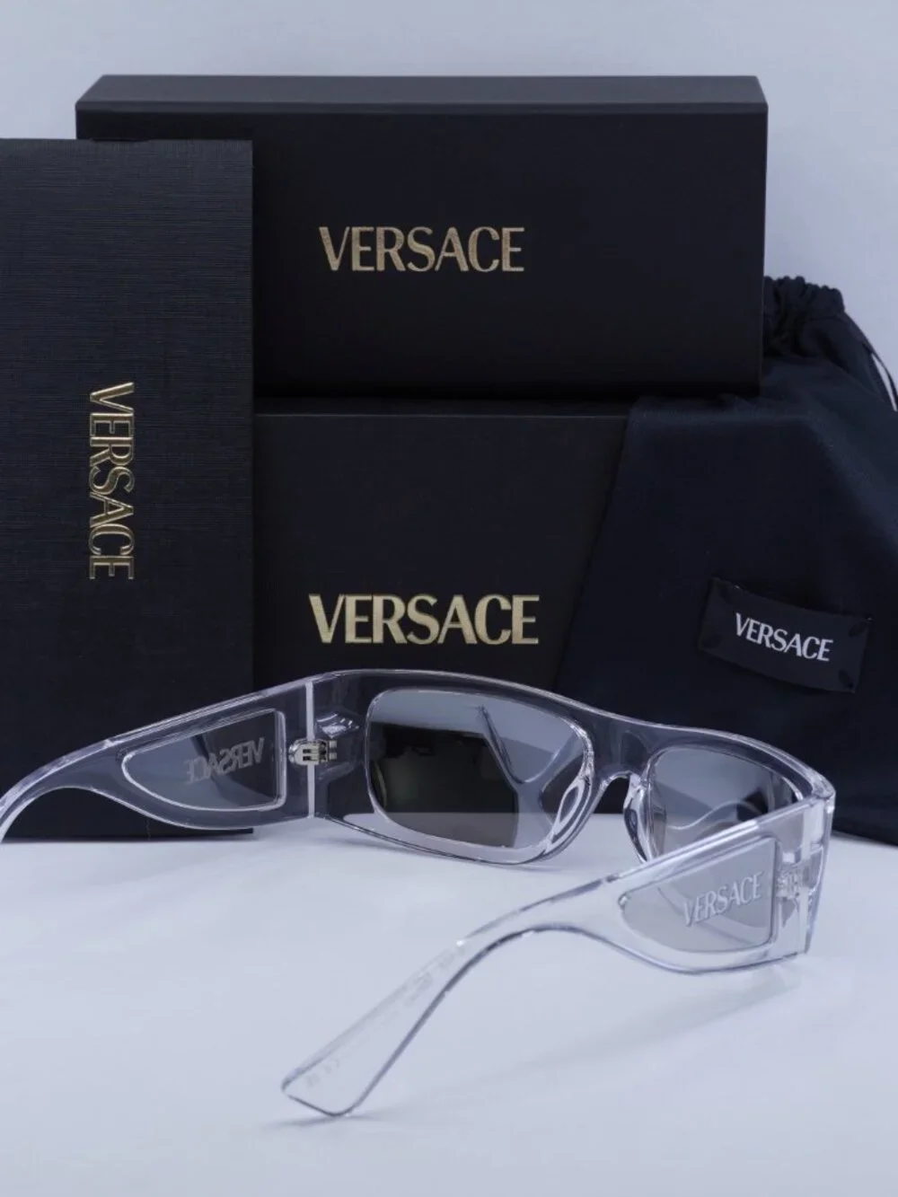 Versace VE4482 148/8V Rectangle Sunglasses – Transparent / Clear Mirror Silver